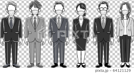 マスクをつけた匿名の6人のビジネスパーソン　ポーズのない男女のセット 64121129
