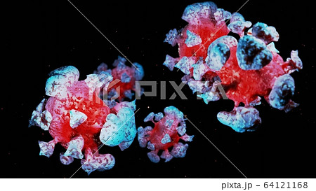 close-up coronavirus type covid-19, h1n1, bird flu or swine flu background. 3d rendering of representation of virus as microbiological microscopic background. Blue red gradient colors close-up coronavirus type covid-19, h1n1, bird flu or swine flu background. 3d rendering of representation of virus as microbiological microscopic background. Blue red gradient colors 64121168