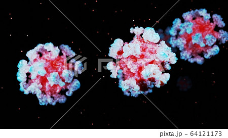 close-up coronavirus type covid-19, h1n1, bird flu or swine flu background. 3d rendering of representation of virus as microbiological microscopic background. Blue red gradient colors close-up coronavirus type covid-19, h1n1, bird flu or swine flu background. 3d rendering of representation of virus as microbiological microscopic background. Blue red gradient colors 64121173