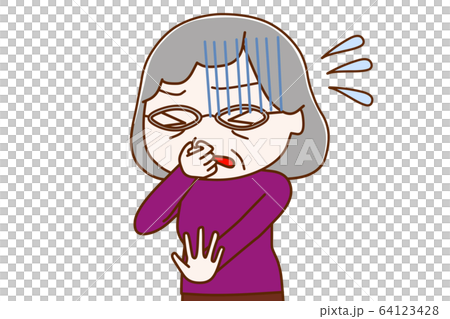 Elderly woman smelling and pinching her nose 64123428