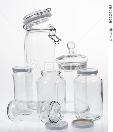 Collection of empty jars on white background with clipping pat Collection of empty jars on white background with clipping pat 64124592