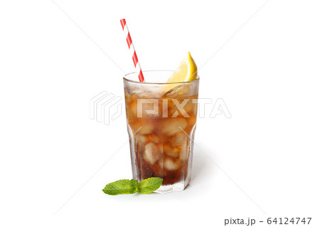 Glass of cold cola with lemon isolated on white 64124747