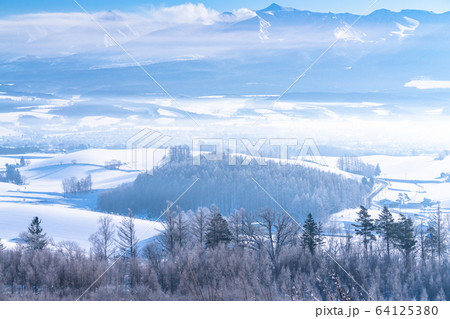 《北海道》冬の北海道・十勝岳連峰と雪原の上富良野 64125380