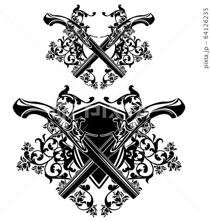 black vector design of crossed dueling pistols with heraldic shield and rose flowers black vector design of crossed dueling pistols with heraldic shield and rose flowers 64126235