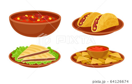 Bowl of Baked Beans with Vegetables and Tacos Vector Set 64126674