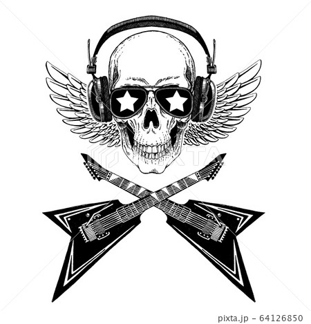 Vector skull in headphones with guitars. Logo for shirt, musical online school, internet education, tattoo, poster. 64126850