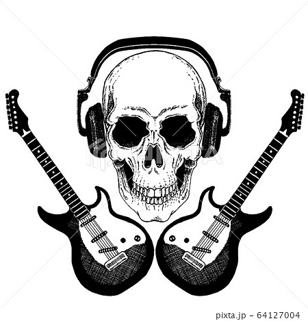 Vector skull in headphones with guitars. Logo for shirt, musical online school, internet education, tattoo, poster. Vector skull in headphones with guitars. Logo for shirt, musical online school, internet education, tattoo, poster. 64127004