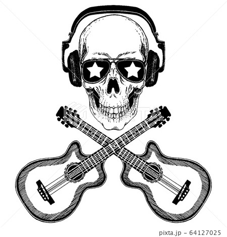 Vector skull in headphones with guitars. Logo for shirt, musical poster Vector skull in headphones with guitars. Logo for shirt, musical poster 64127025