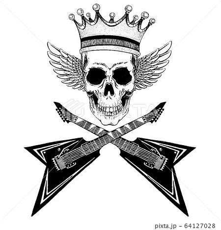 Vector skull with wings in crown with guitars. Logo for shirt, musical poster Vector skull with wings in crown with guitars. Logo for shirt, musical poster 64127028