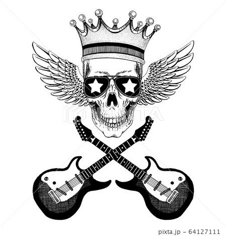 Vector skull with wings in crown with guitars. Logo for shirt, musical poster 64127111