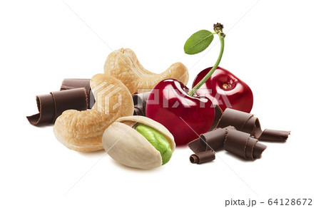Sweet cherries, pistachio, cashew nuts and chocolate cursl 64128672