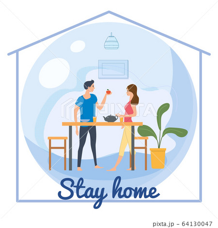 Stay home quarantine consept banner self isolation. Young couple family sitting at home drink tea smiling and staying together. Social media campaign and coronavirus covid 19 prevention epidemic Stay home quarantine consept banner self isolation. Young couple family sitting at home drink tea smiling and staying together. Social media campaign and coronavirus covid 19 prevention epidemic 64130047