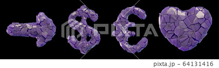Symbol plastic set arrow, dollar, euro, heart made of 3d render plastic shards purple color. Symbol plastic set arrow, dollar, euro, heart made of 3d render plastic shards purple color. 64131416