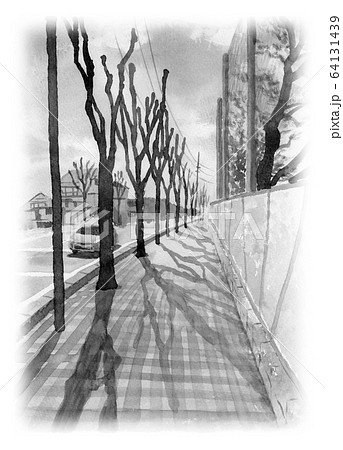 水彩で描いた冬の並木道のイラスト素材
