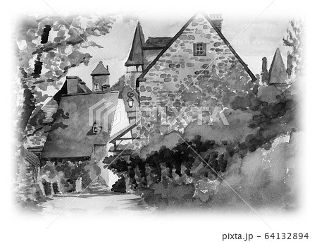 水彩で描いたフランス・カレナックの家並み 水彩で描いたフランス・カレナックの家並み 64132894