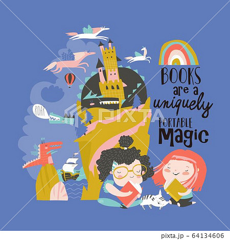 Cute girls reading fairy tale and dreaming 64134606