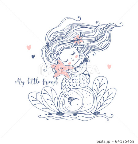 A cute little mermaid sits on a rock and holds a starfish in her hands. Vector 64135458