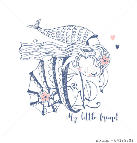 Cute Little Mermaid Playing With Cancer Sitting のイラスト素材