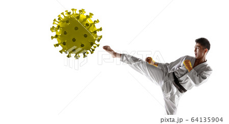 Sportsman kicking, punching coronavirus, protection and treatment concept, flyer 64135904