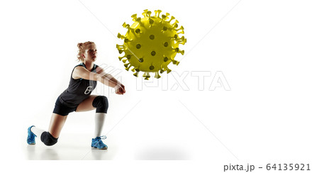 Sportswoman kicking, punching coronavirus, protection and treatment concept, flyer 64135921