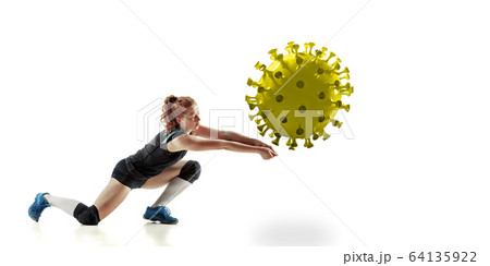 Sportswoman kicking, punching coronavirus, protection and treatment concept, flyer 64135922