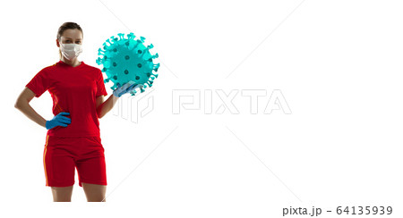 Sportswoman kicking, punching coronavirus, protection and treatment concept, flyer Sportswoman kicking, punching coronavirus, protection and treatment concept, flyer 64135939