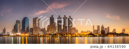 Skyline at lake in Benjakitti park Bangkok Skyline at lake in Benjakitti park Bangkok 64136590