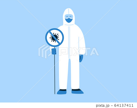 Vector illustration in flat style with empty place for text. Stop coronavirus COVID-19 concept. Prohibit sign. Novel bacterium. No infection, germs. Man, specialist, doctor in white hazmat suit, mask Vector illustration in flat style with empty place for text. Stop coronavirus COVID-19 concept. Prohibit sign. Novel bacterium. No infection, germs. Man, specialist, doctor in white hazmat suit, mask 64137411