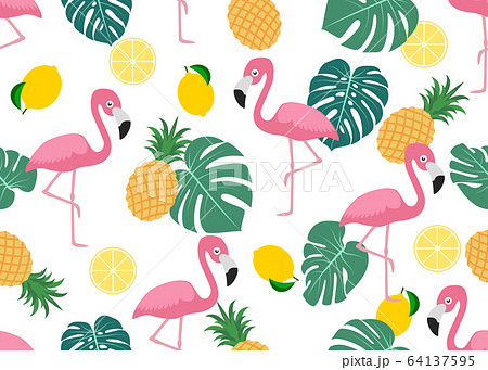 Seamless Pattern Of Cute Flamingo With Tropicalのイラスト素材