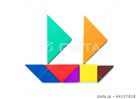 Color wood tangram puzzle in sailing ship shape 64137828