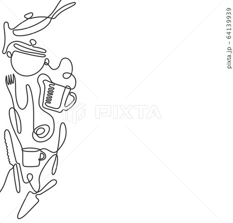 Continuous one line drawing of different kitchen utensils. Black and white cutlery line art background. Continuous one line drawing of different kitchen utensils. Black and white cutlery line art background. 64139939