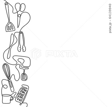 Continuous one line drawing of different kitchen utensils. Black and white cutlery line art background. Continuous one line drawing of different kitchen utensils. Black and white cutlery line art background. 64139940