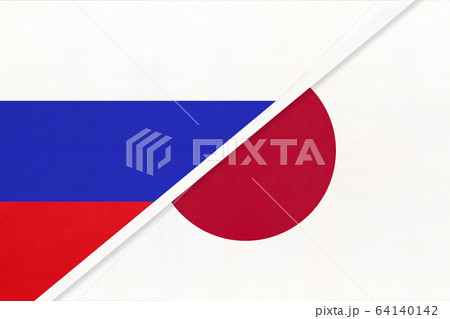 Russia vs Japan national flag from textile. Russia vs Japan national flag from textile. 64140142