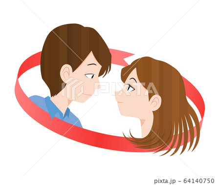 見つめ合う男女と赤いリボン 64140750