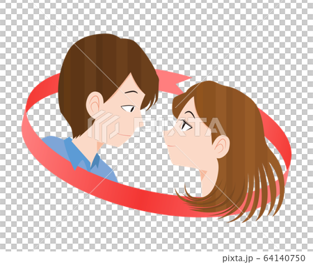 見つめ合う男女と赤いリボン 64140750