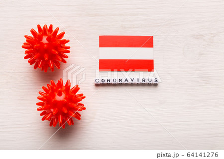 Abstract virus strain model of 2019-nCoV middle East respiratory syndrome coronavirus or coronavirus COVID-19 with text and flag Austria on white background. Virus pandemic protection concept. 64141276