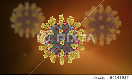 Coronavirus covid-19 yellow germs with light rays 3d render 64141987