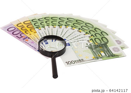Euro banknote under magnifying glass Euro banknote under magnifying glass 64142117
