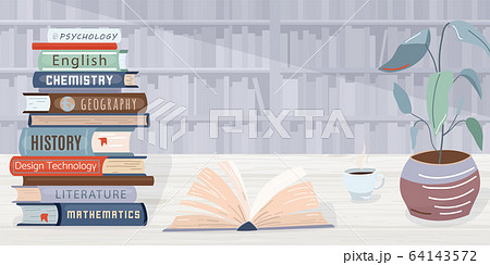 Library vector background. Pile books, open textbook, cup of coffee and plant locate on wooden table. The wall in the back side consists of bookshelves. Graphic elements in trendy flat style Library vector background. Pile books, open textbook, cup of coffee and plant locate on wooden table. The wall in the back side consists of bookshelves. Graphic elements in trendy flat style 64143572