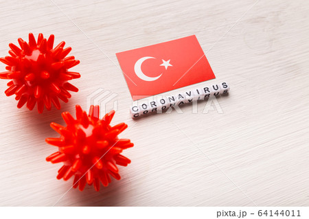 Abstract virus strain model of 2019-nCoV middle East respiratory syndrome coronavirus or coronavirus COVID-19 with text and flag Turkey on white background. Virus pandemic protection concept. 64144011