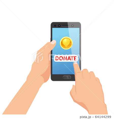 Donating money by online payments consept. Gold coin and donate button on smartphone screen. Hand holds smartphone. Modern charity. Vector illustration isolated 64144299