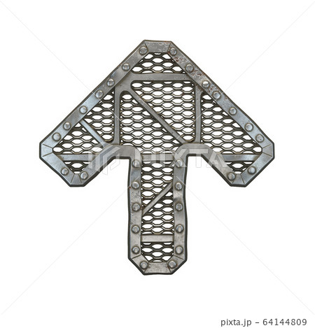 Mechanical alphabet made from rivet metal with gears on white background. Symbol up arrow. 3D Mechanical alphabet made from rivet metal with gears on white background. Symbol up arrow. 3D 64144809
