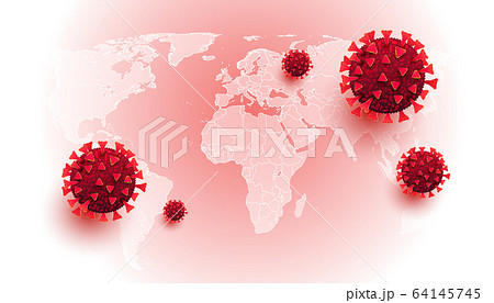 3D realistic liquid coronavirus cells on a world 64145745
