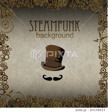 Invisible man steampunk style. Hat top hat and mustache. Template steampunk design for card. Vector 64146633