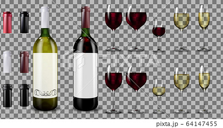 Red and white wine bottles and glasses. Realistic mockup 64147455