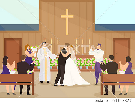 Wedding ceremony in church vector illustration, cartoon happy couple characters getting married and kissing in chapel interior background 64147829