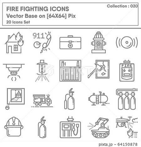 Firefighting and Fire Protection System Safety Icon Set, Firefighter Equipment Tools for Building Fire Prevention Systems. 64150878