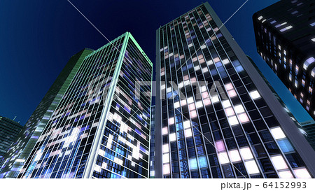 ビル 建物 都市 オフィスビル ビジネス街 オフィス街 夜景 夜 Cg 3d イラストのイラスト素材