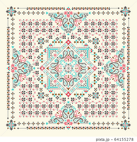 Vector ornament Bandana Print. Traditional ornamental ethnic pattern with paisley and flowers. Silk neck scarf or kerchief square pattern design style, best motive for print on fabric or papper. 64155278
