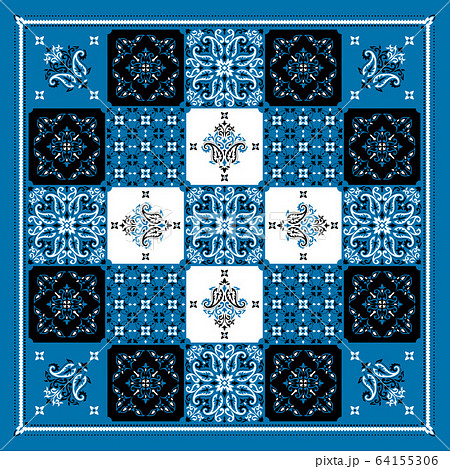 Vector ornament Bandana Print. Traditional ornamental ethnic pattern with paisley and flowers. Silk neck scarf or kerchief square pattern design style, best motive for print on fabric or papper. 64155306